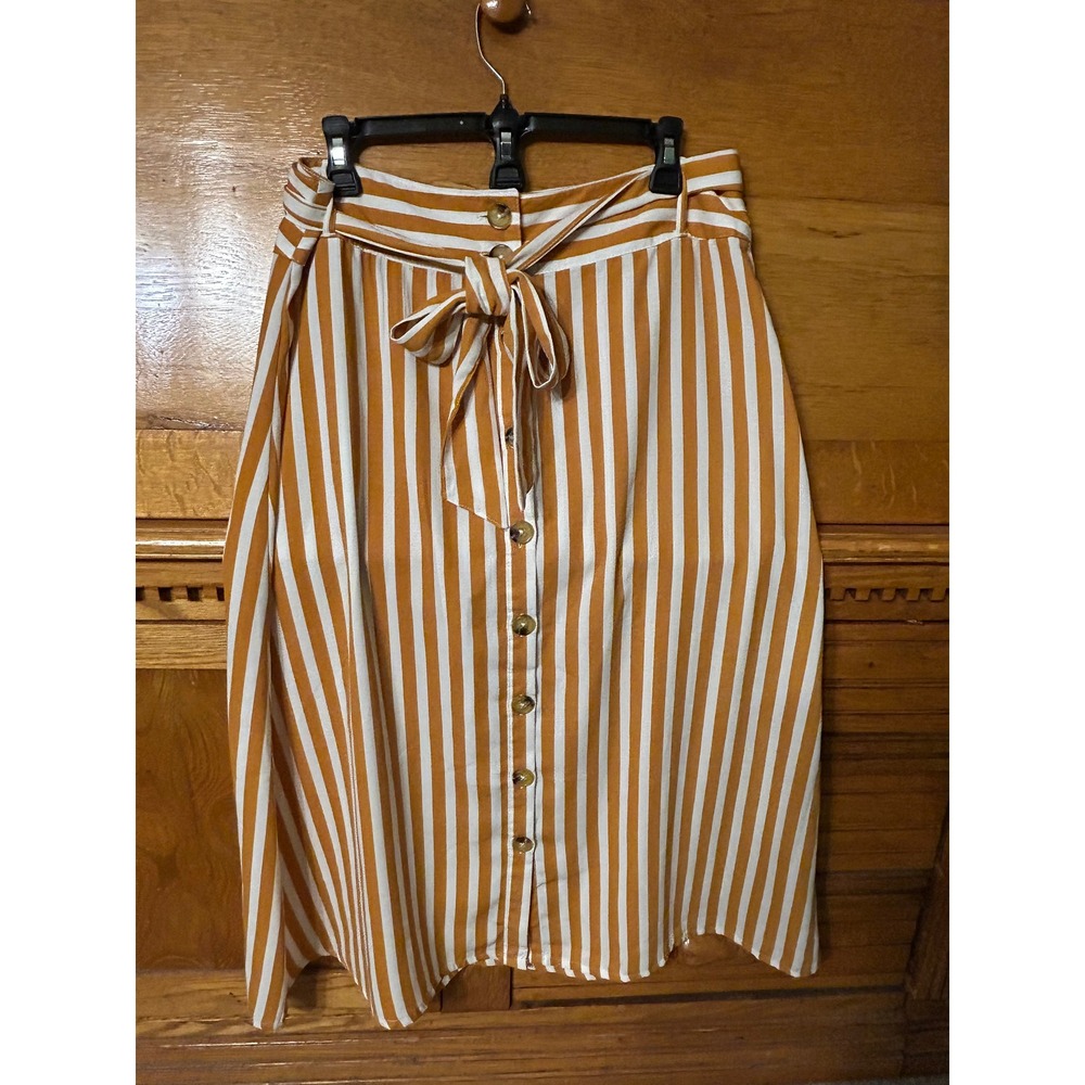 Esmara Cottage Mustard Yellow White Striped Button Front Midi Skirt Tie Waist 12